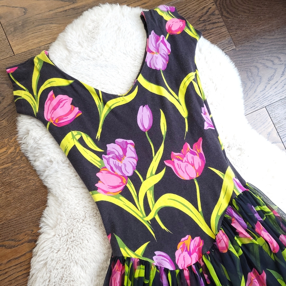 Vintage Betsey Johnson 80s Punk Label Tulip Print Fairy Ballet Midi Dress - Picture 4 of 7